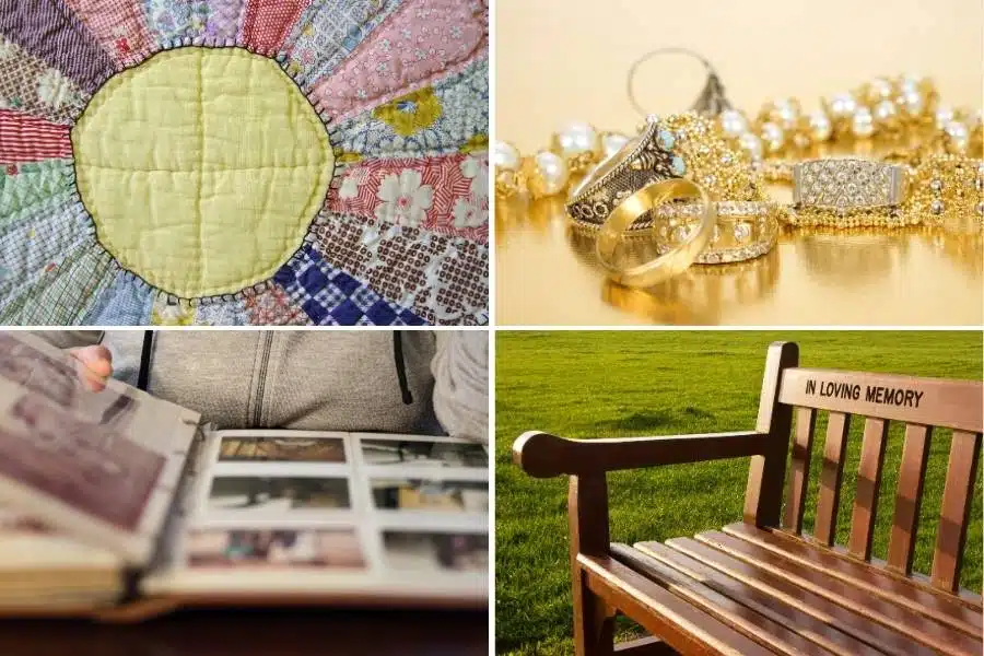 A memorial quilt, a memorial jewellery, a memorial book and a memorial bench for our dad in Australia